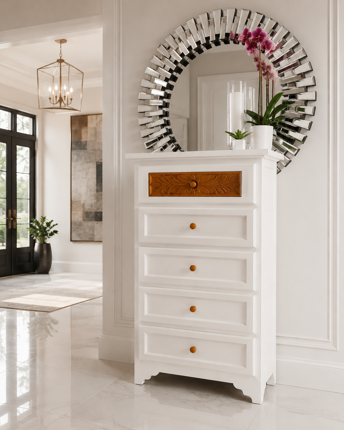 The Astor Foyer — Crisp gallery white with a hand-carved oak medallion