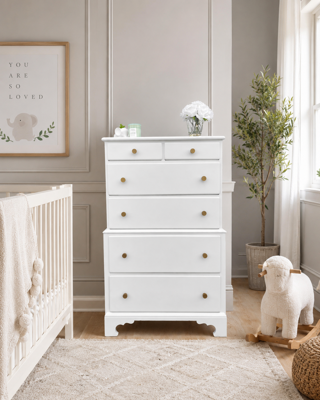 The Cloud Tallboy — Soft cloud white with brushed brass dots