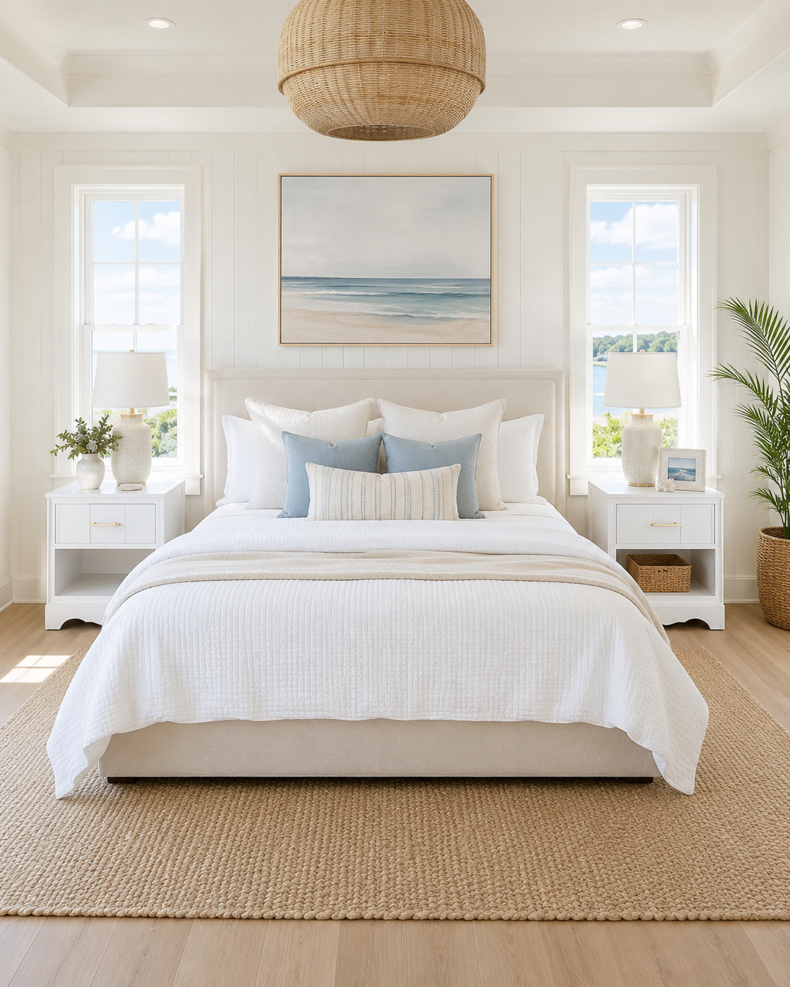 The Saltaire Pair — Bright shoreline white with slim brushed-brass pulls