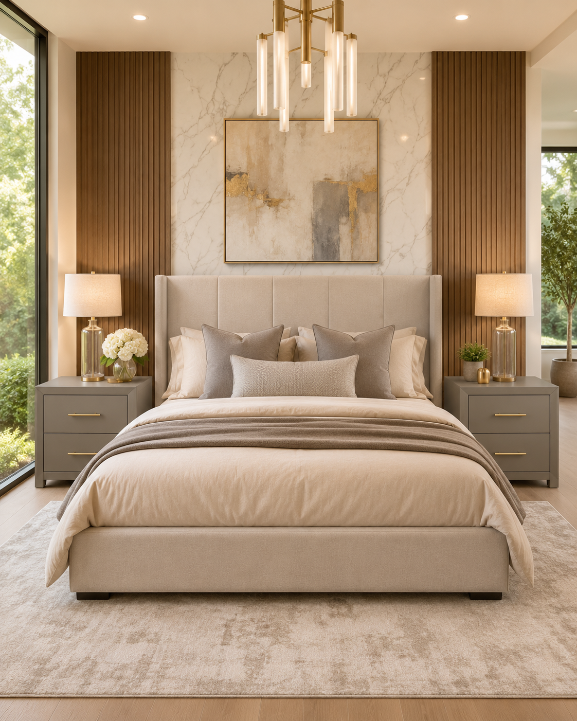 The Dove Pair — Soft dove grey with slim brushed-brass bar pulls