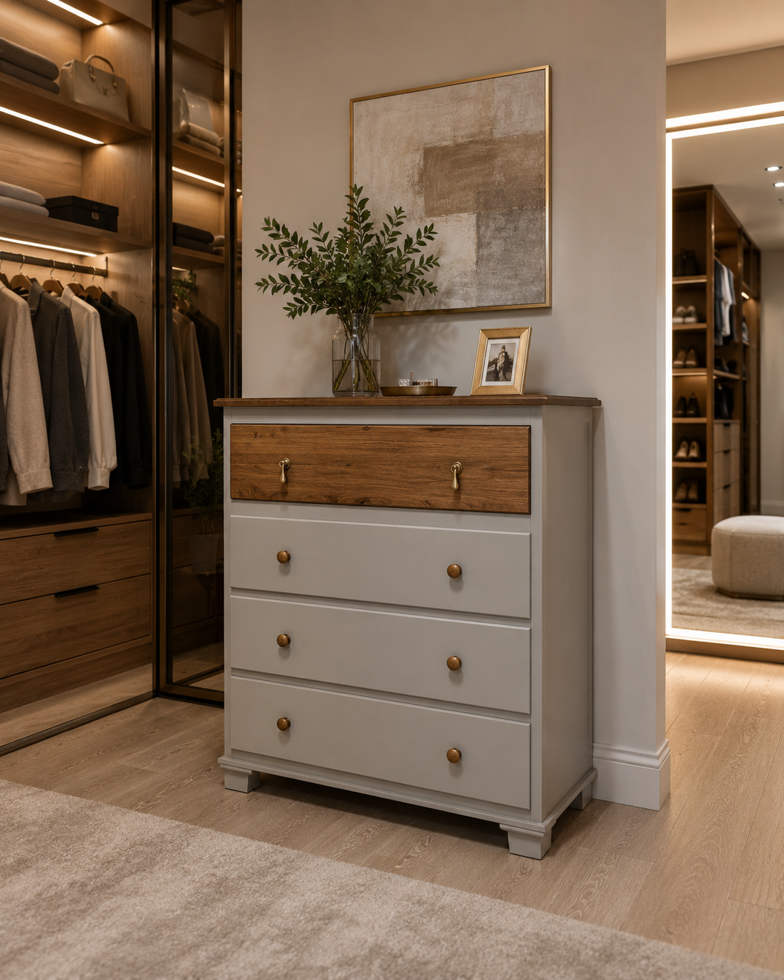 The Dovecote — Dove grey with restored oak top and aged-brass knobs