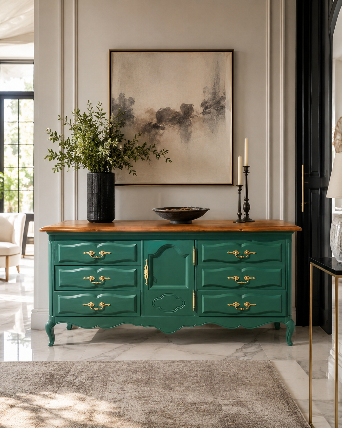 The Emerald Marchand — Deep emerald with restored honey-oak top