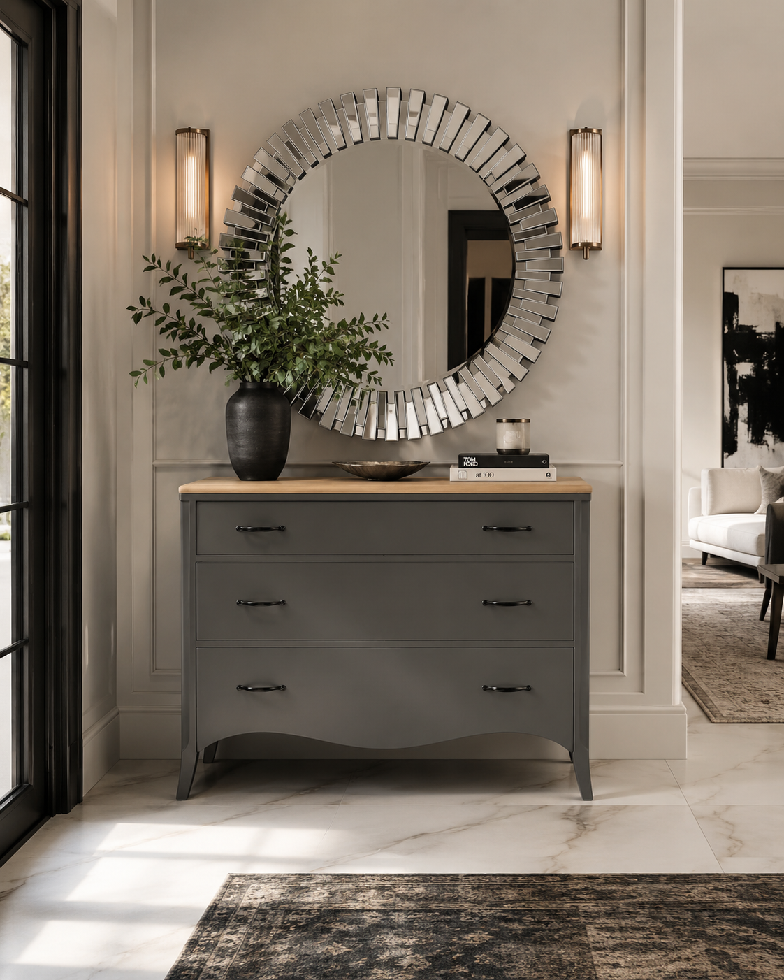 The Halton Console — Smoky graphite with raw oak top
