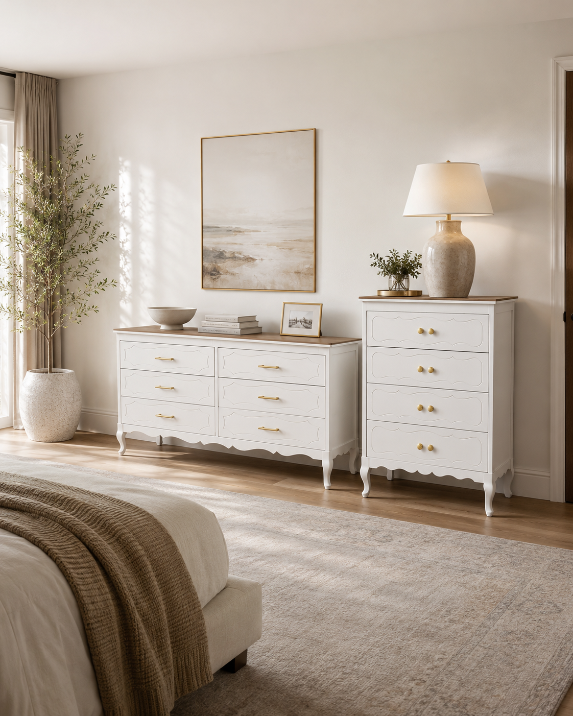 The Alabaster Suite — Soft alabaster with warm oak tops