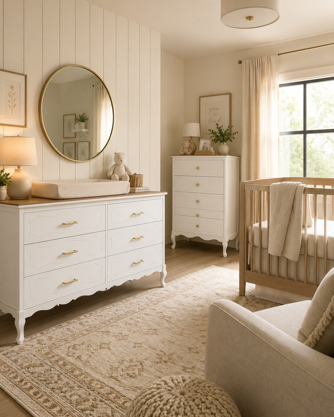 The Magnolia Nursery — Soft ivory with brushed-brass arches