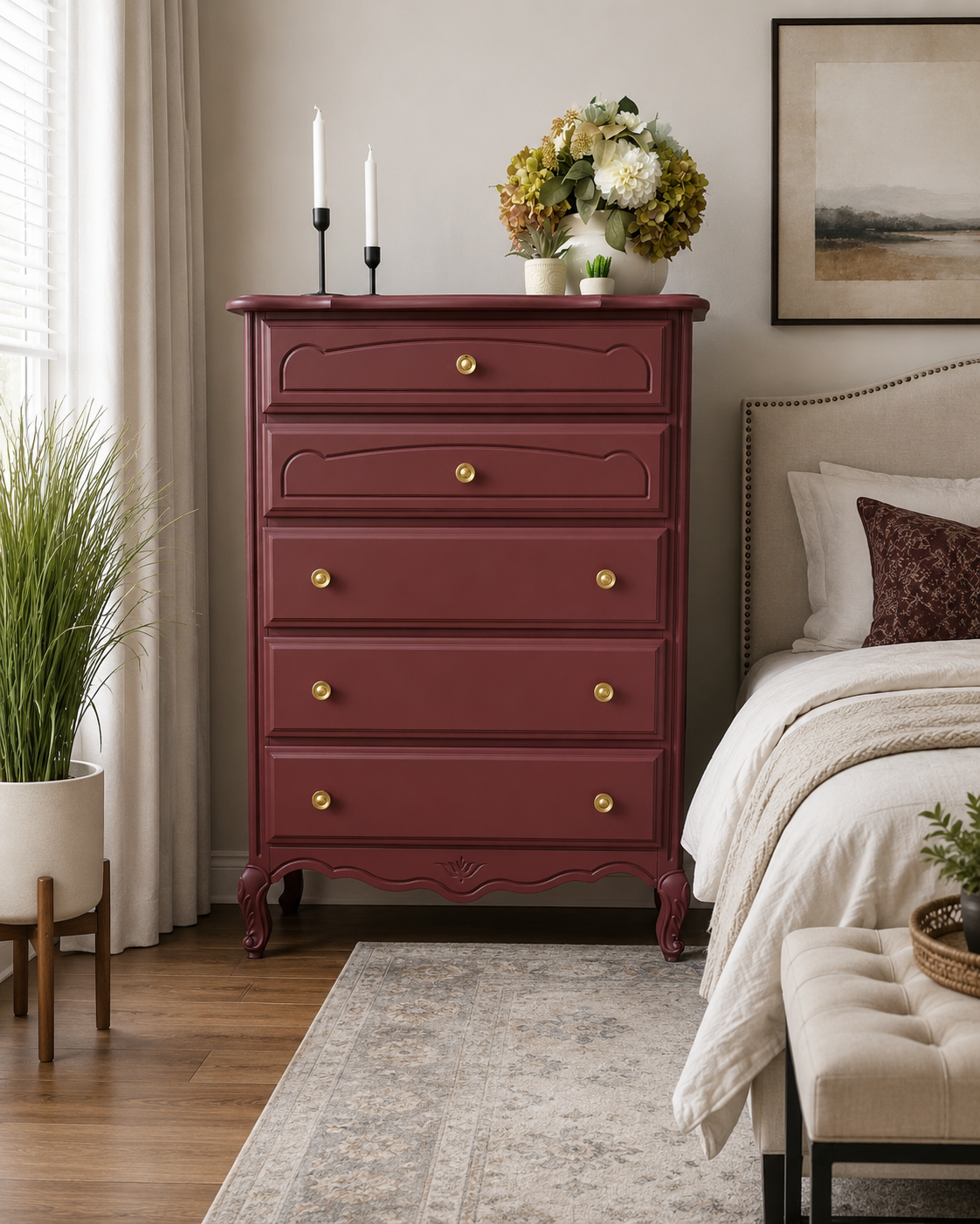 The Claret Tallboy refinished bedroom dresser in deep wine lacquer