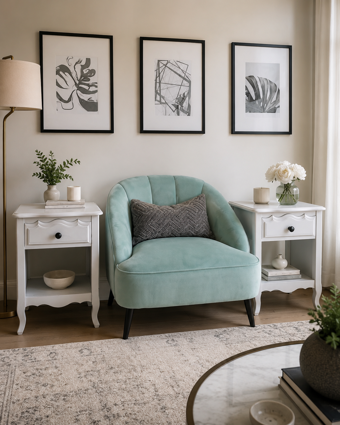 The Mintwood Pair — Soft chalk white with carved scalloped aprons