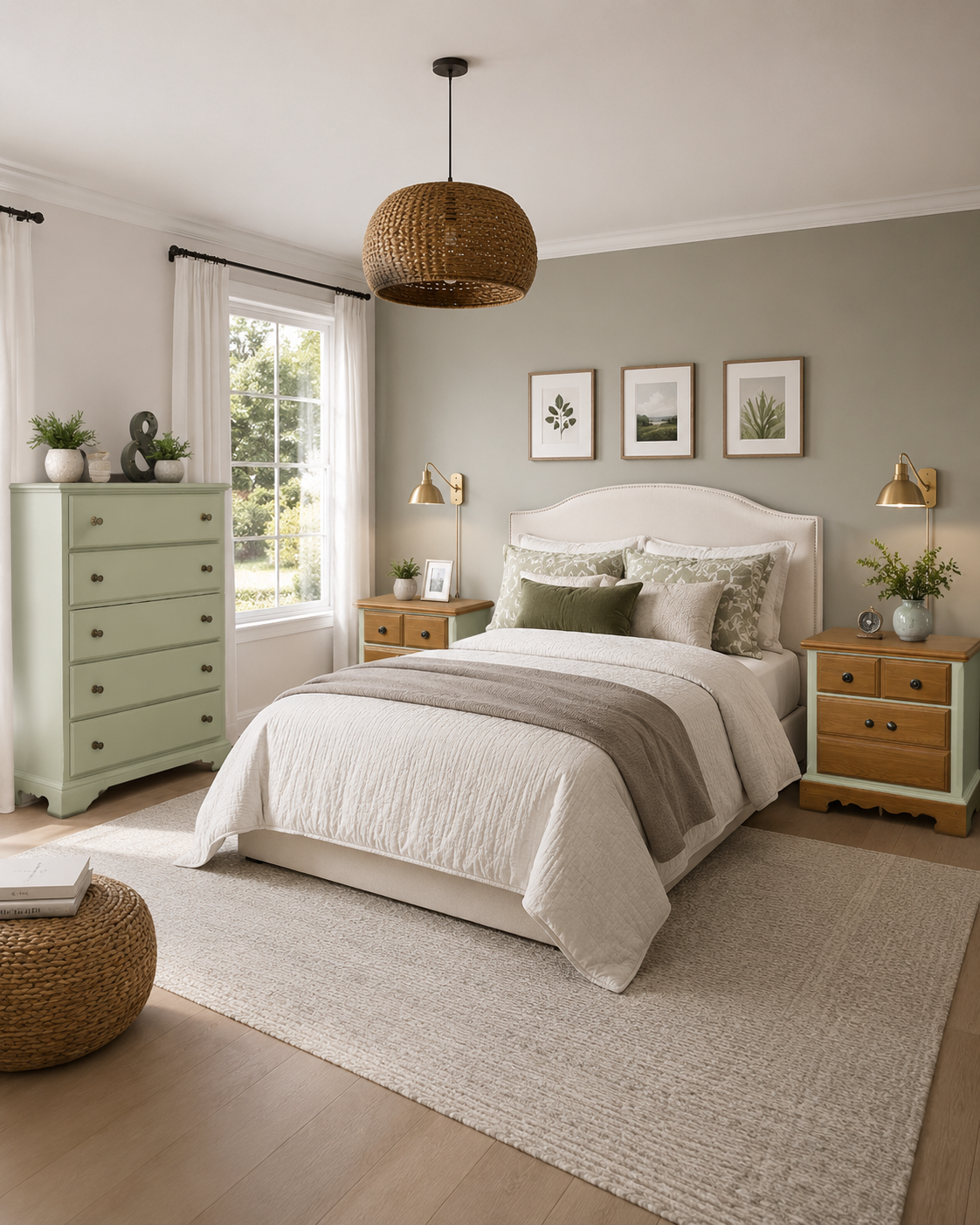 The Willow Room — Muted willow green with honeyed wood accents