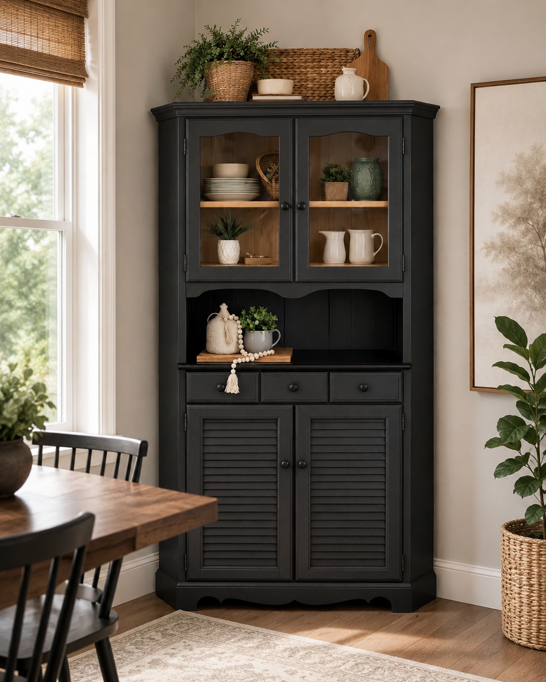 The Inkwell Corner — Satin black with restored pine interior and aged-iron knobs