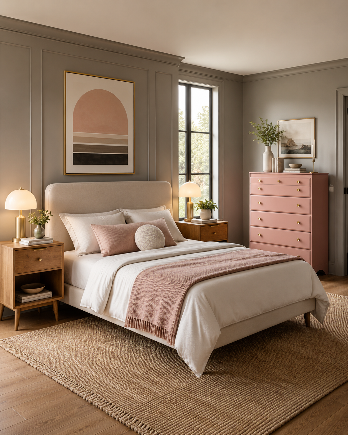 The Blush Column — Muted rose with brushed-gold pulls