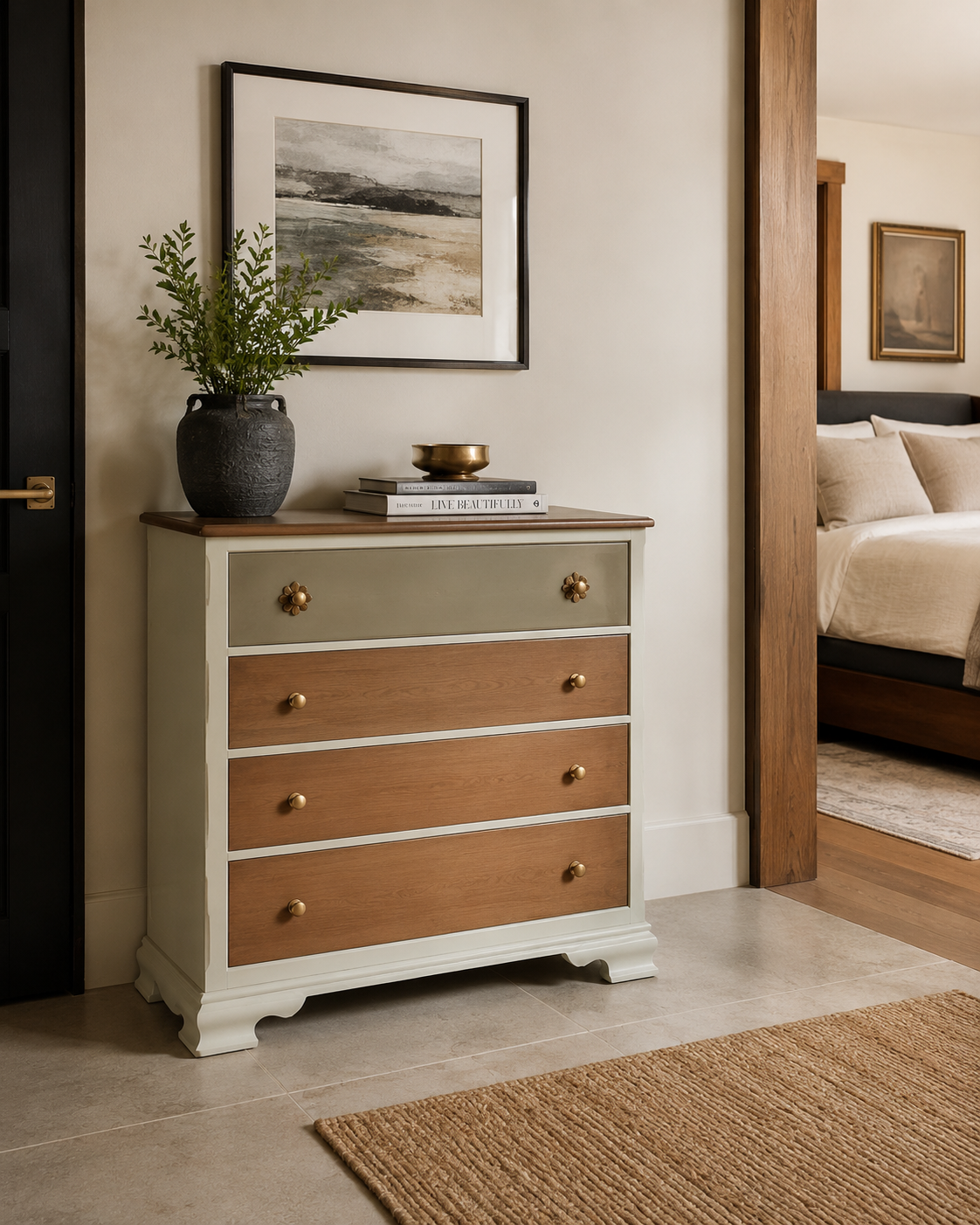 The Thistledown — Soft sage frame with restored oak fronts