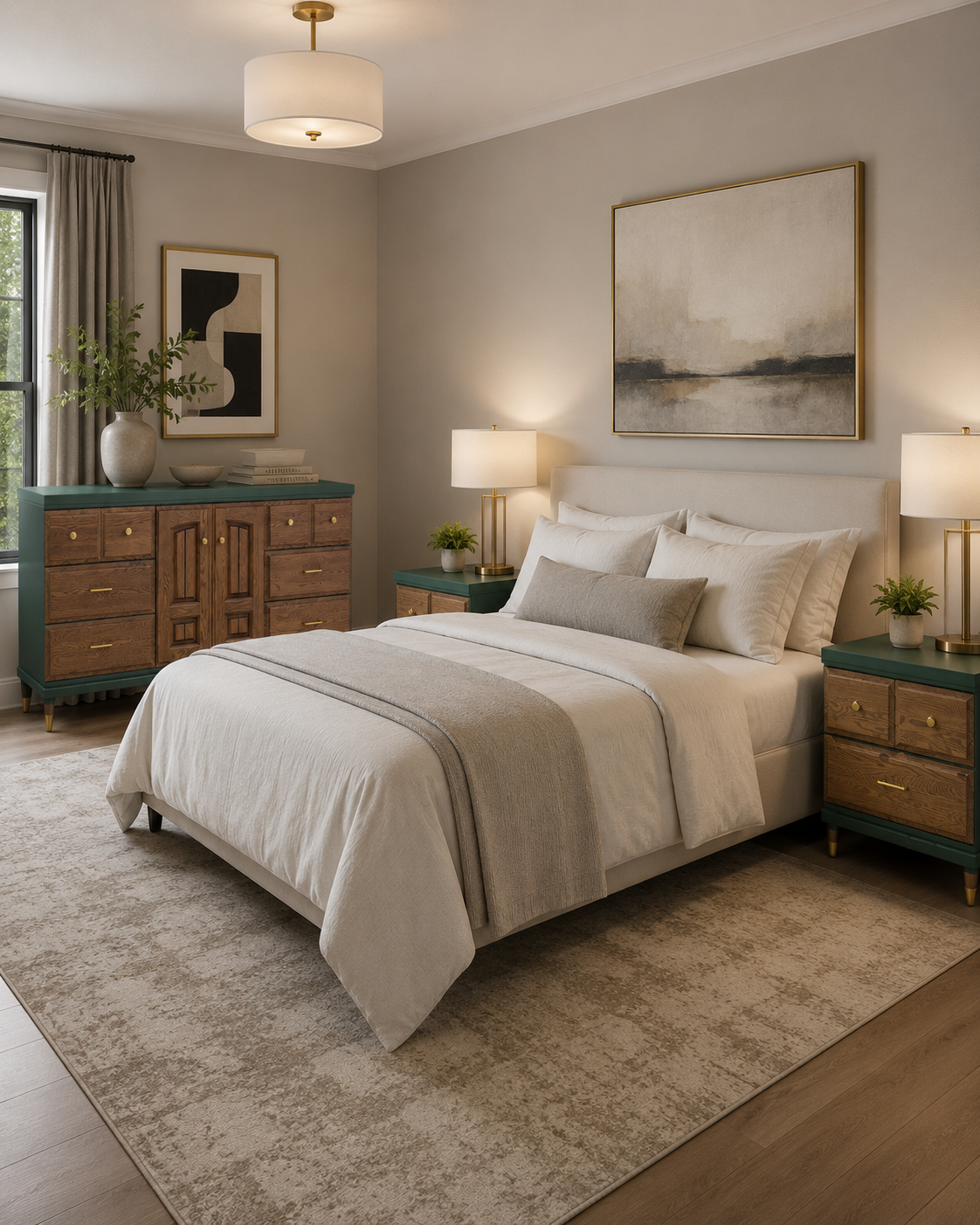 The Calder Suite — Jewel teal with restored walnut fronts