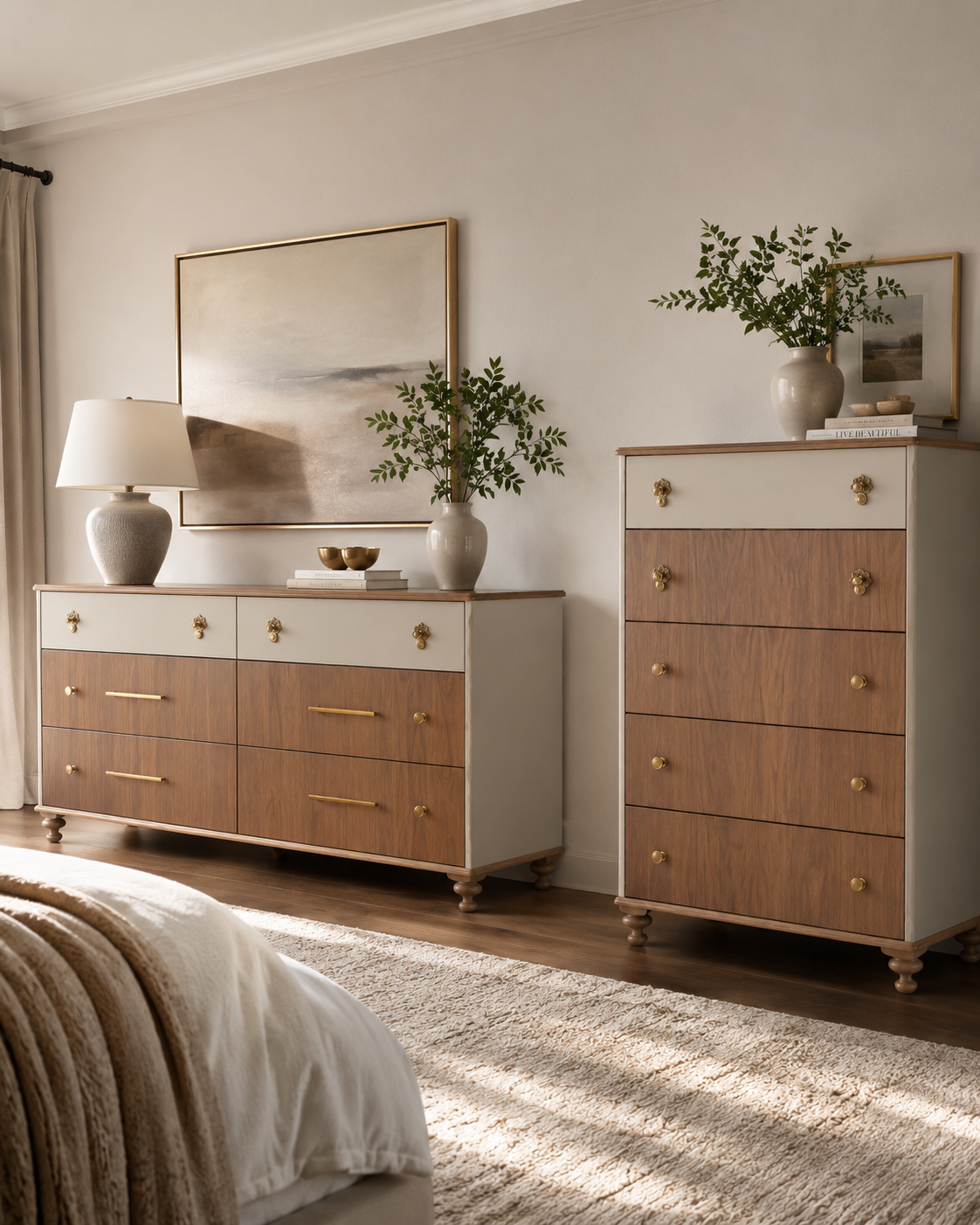The Briar Suite — Soft ivory framing with warm walnut drawer fronts